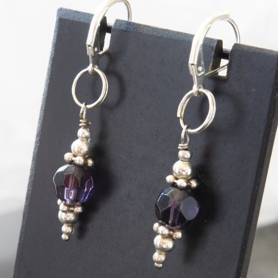 Basics, Dangle Earrings with Amethyst Crystal Dangles on Lever-Back Hoops