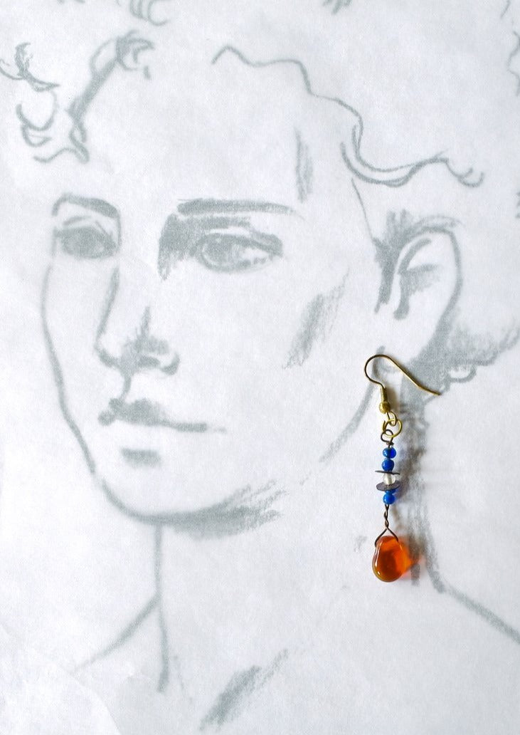 Fringe, Aged Brass Dangle Earrings with Handmade Orange and Blue Glass Beads