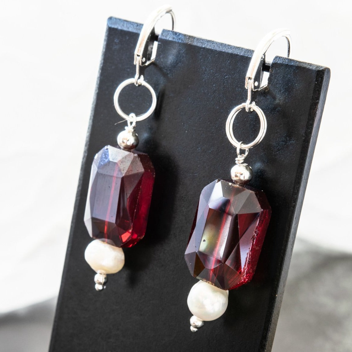 Basics, Ruby Red Crystal and Pearl Dangle Earrings