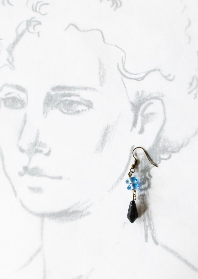 Fringe, Aged Brass Dangle Earrings with Handmade Light Blue and Jet Black Glass Beads