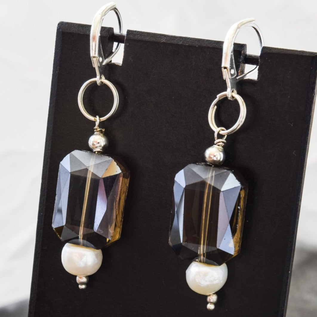 Basics, Dangle Earrings with large Amber Smokey Brown Crystals and Fresh Water Pearls