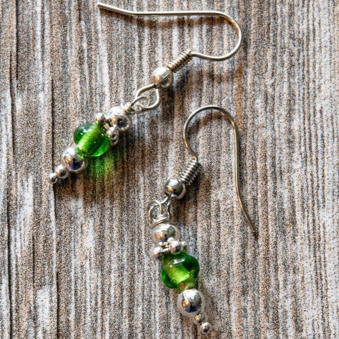 Fringe, Small Dangle Earrings with Emerald Green glass, and Silver Beads