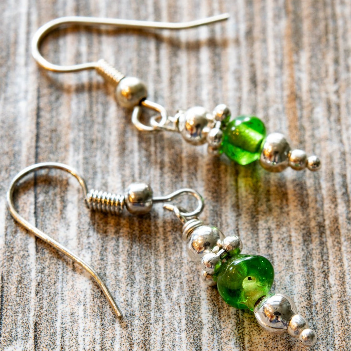 Fringe, Small Dangle Earrings with Emerald Green glass, and Silver Beads