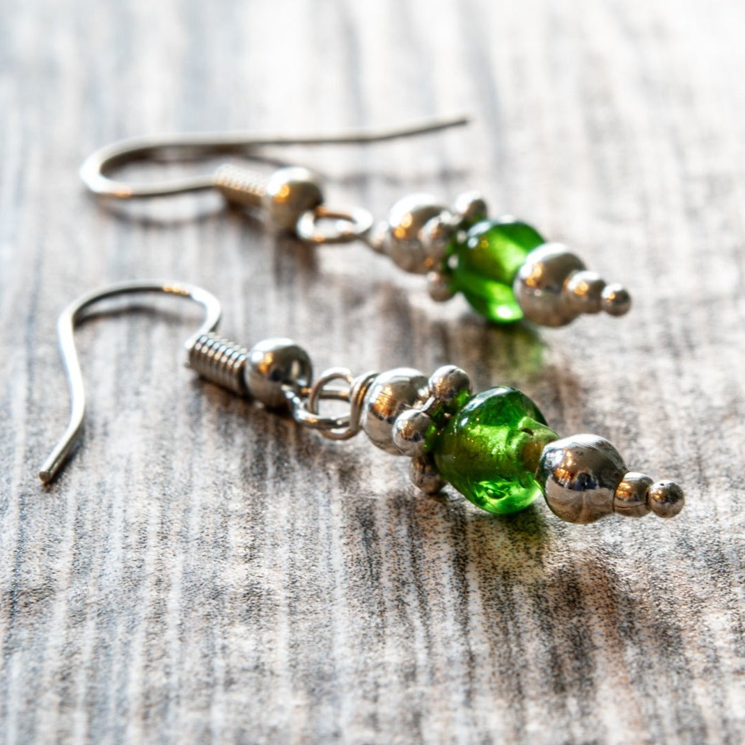 Fringe, Small Dangle Earrings with Emerald Green glass, and Silver Beads