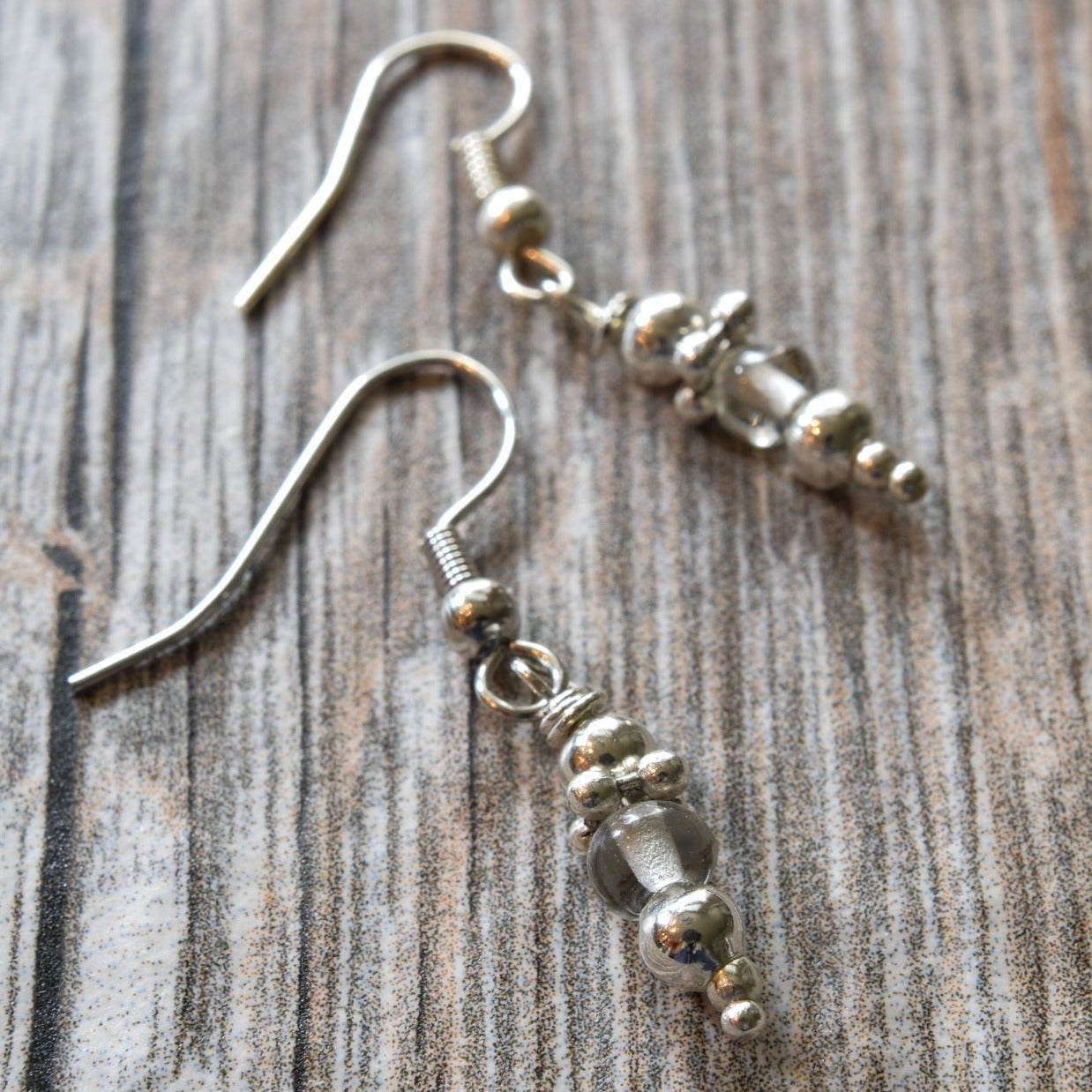 Fringes, Small Dangle Clear Glass and Silver Bead Earrings