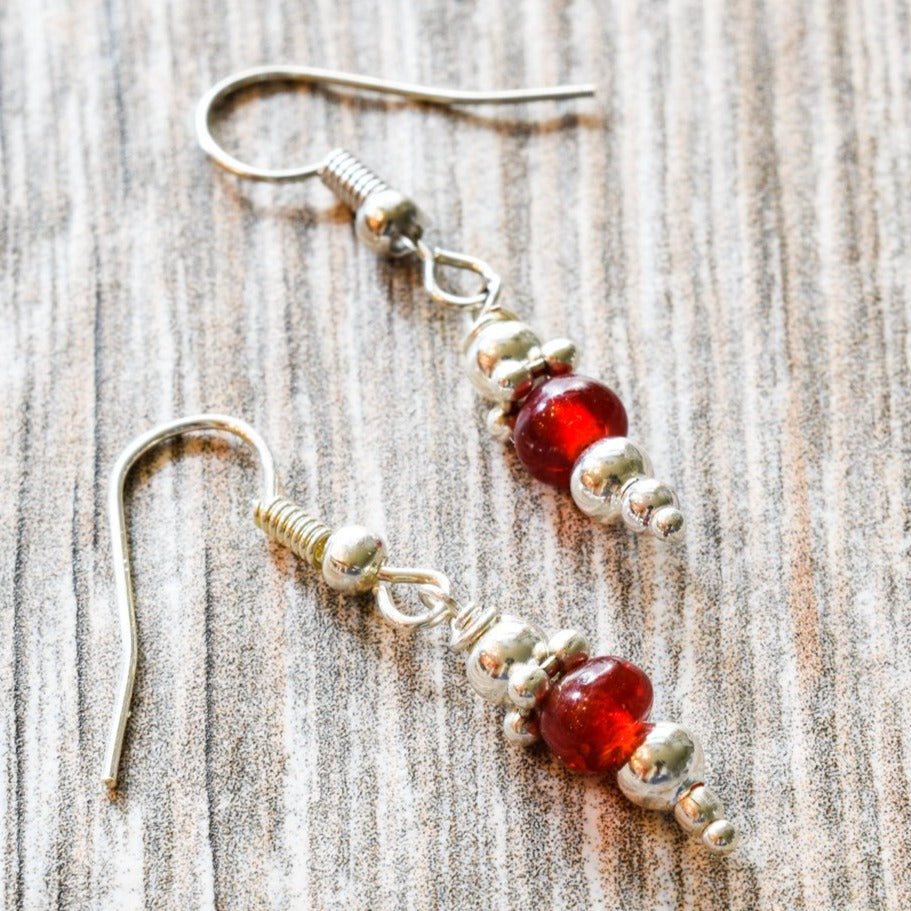 Fringe, Small Dangle Ruby Red Glass Earrings