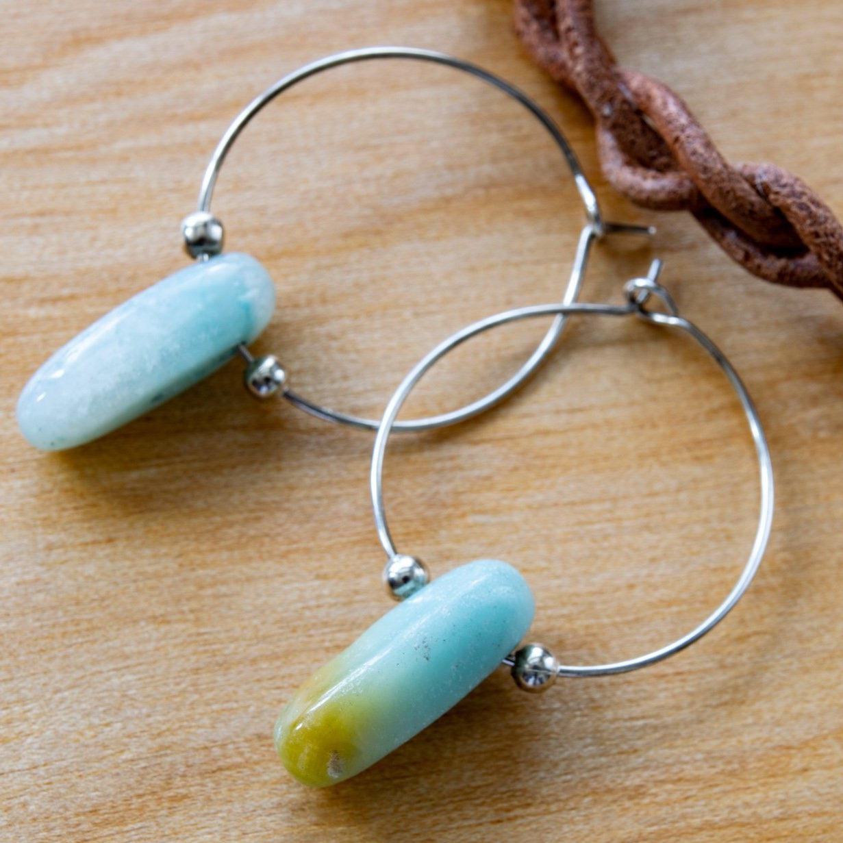 Products Beginnings, Natural Amazonite Nugget Silver Hoop Earrings