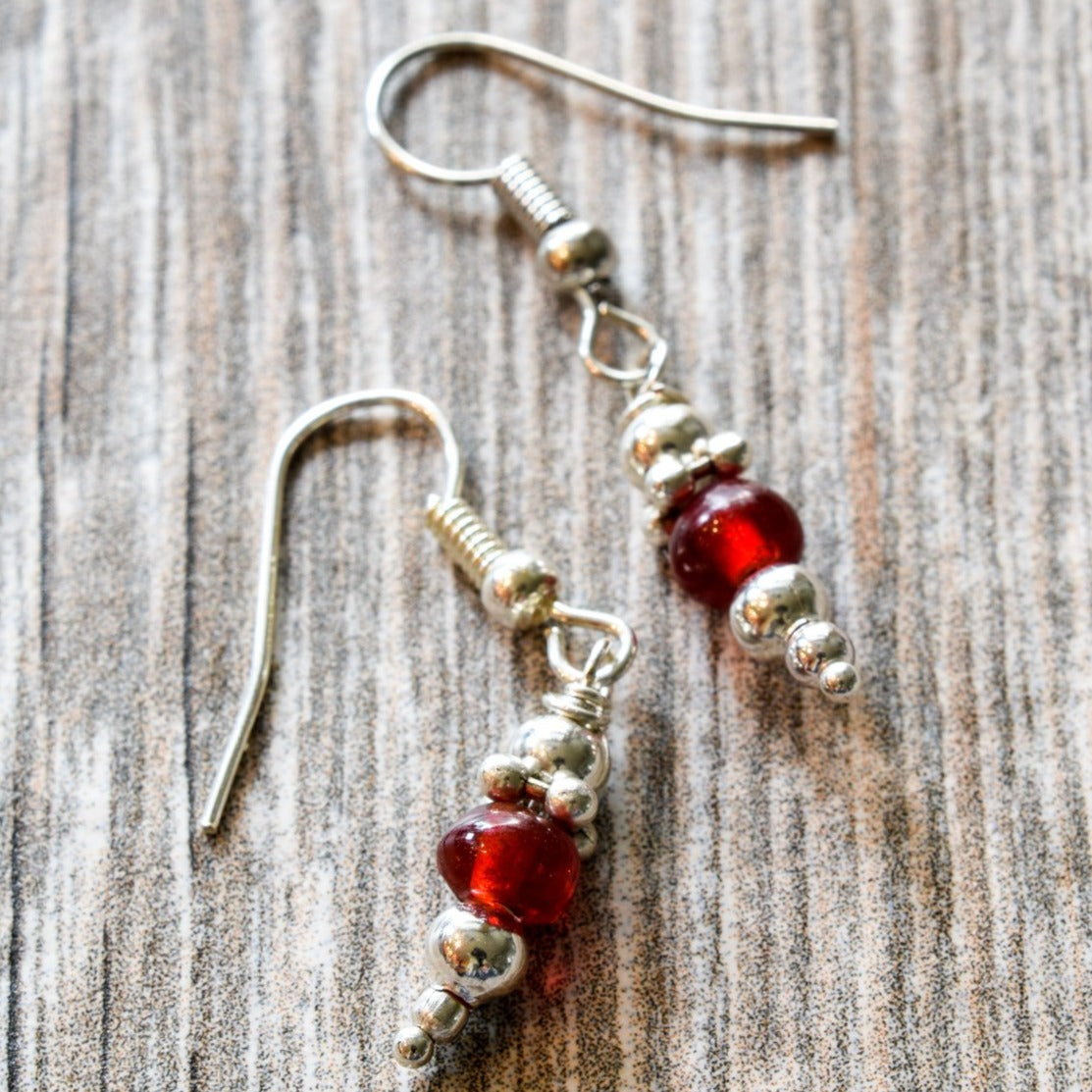 Fringe, Small Dangle Ruby Red Glass Earrings