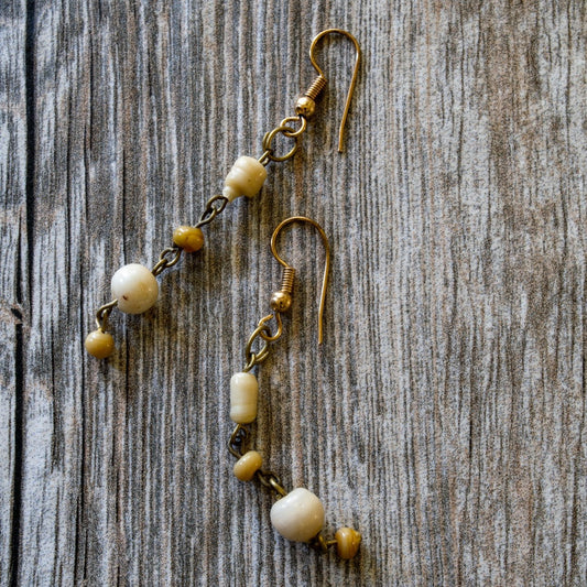 Fringe, Brass Dangle Earrings with Caramel and Cream Glass Beads