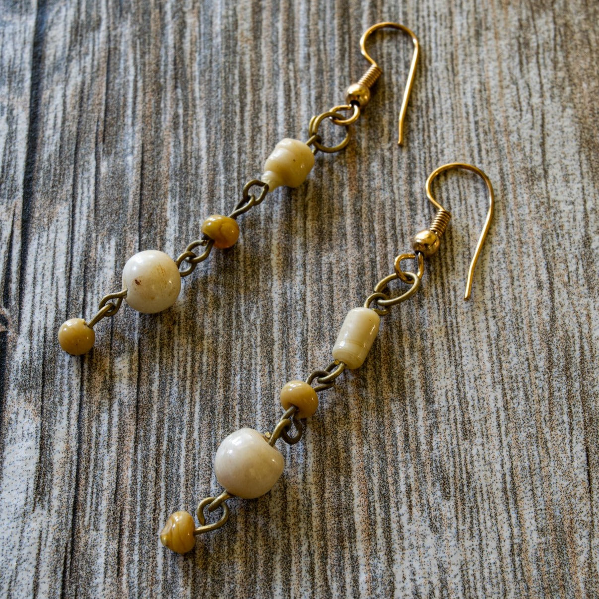 Fringe, Brass Dangle Earrings with Caramel and Cream Glass Beads