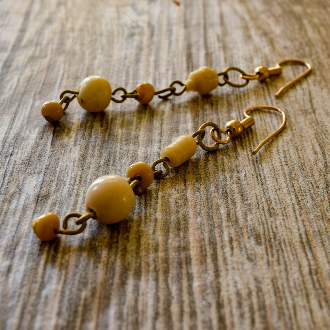 Fringe, Brass Dangle Earrings with Caramel and Cream Glass Beads