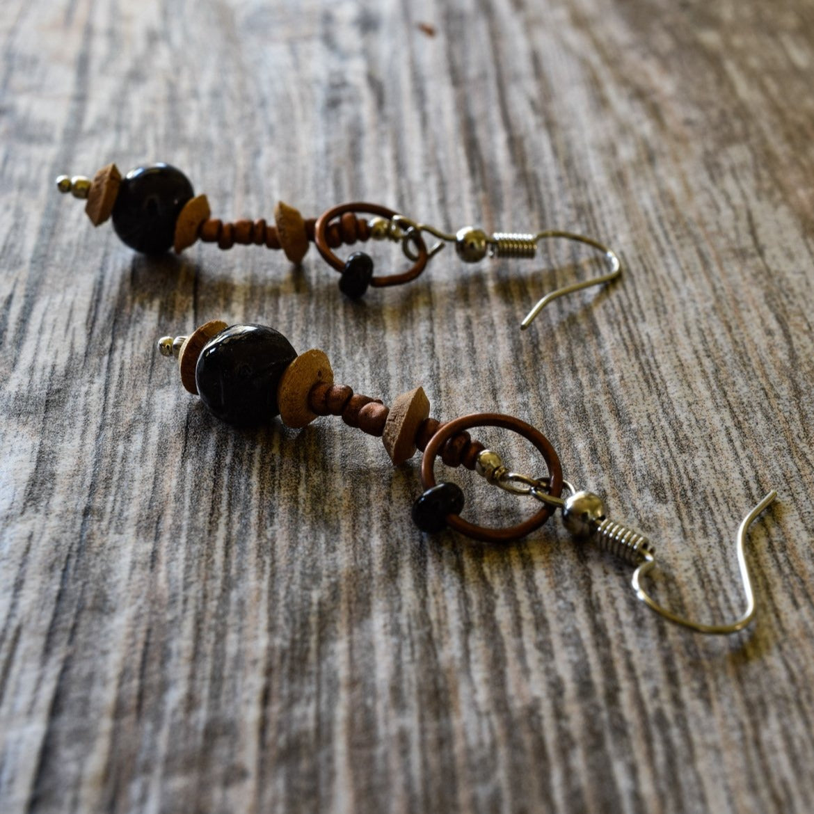 Fringe, Dangle Earrings with Copper, Silver, Wood and Black Glass