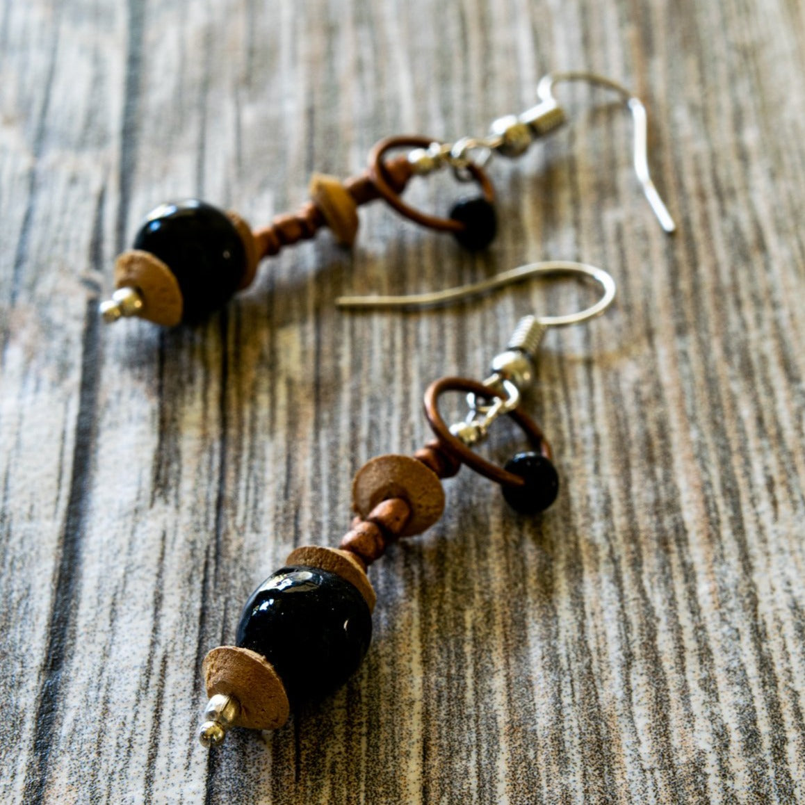 Fringe, Dangle Earrings with Copper, Silver, Wood and Black Glass