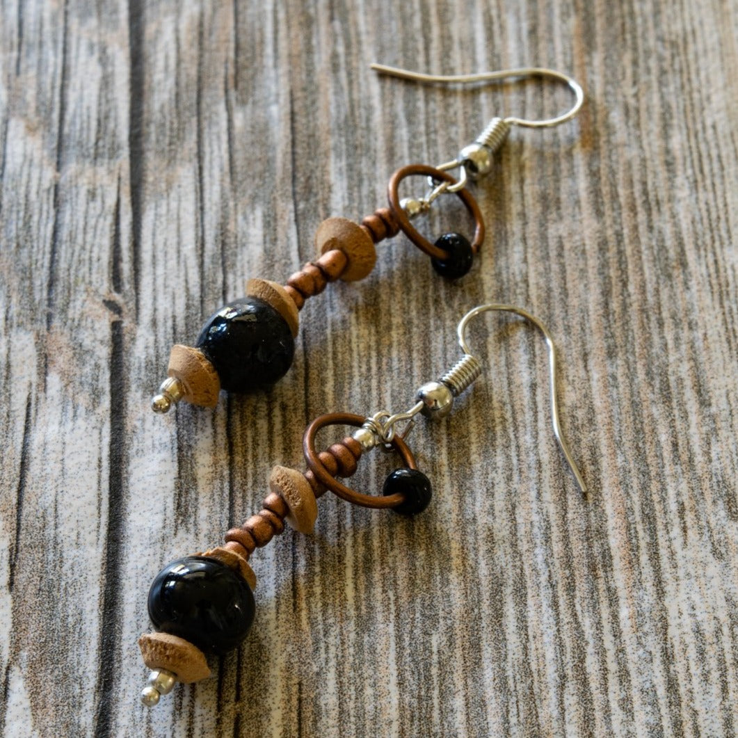 Fringe, Dangle Earrings with Copper, Silver, Wood and Black Glass