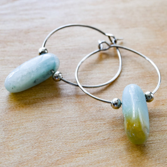 Products Beginnings, Natural Amazonite Nugget Silver Hoop Earrings