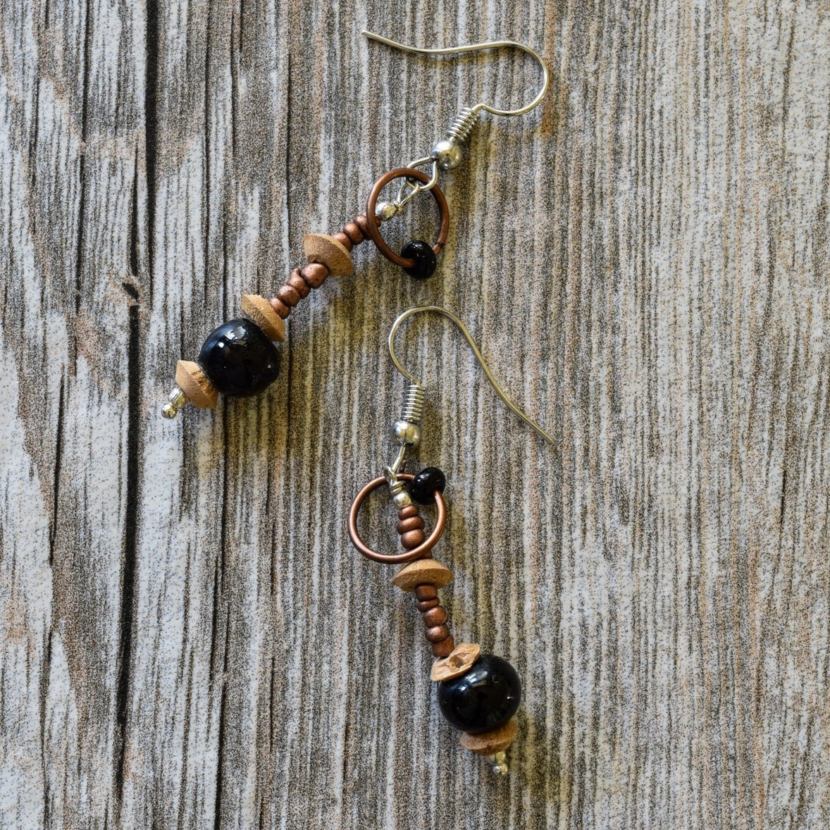 Fringe, Dangle Earrings with Copper, Silver, Wood and Black Glass