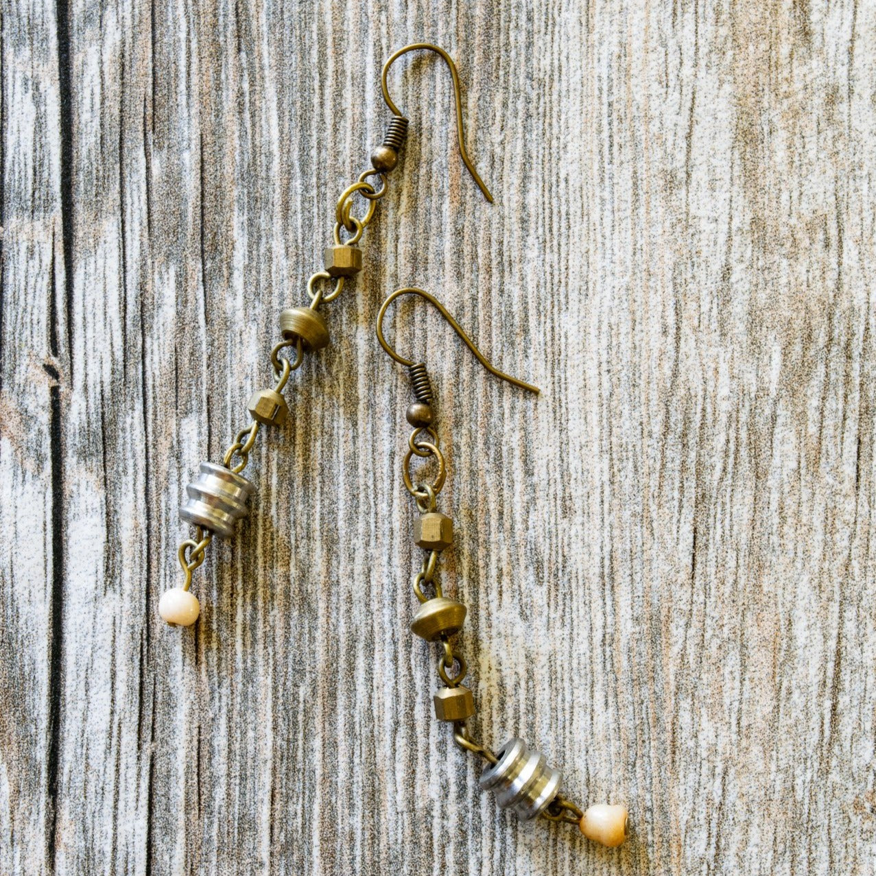 Fringe, Dangle Earrings with Brass, Silver and Glass Media