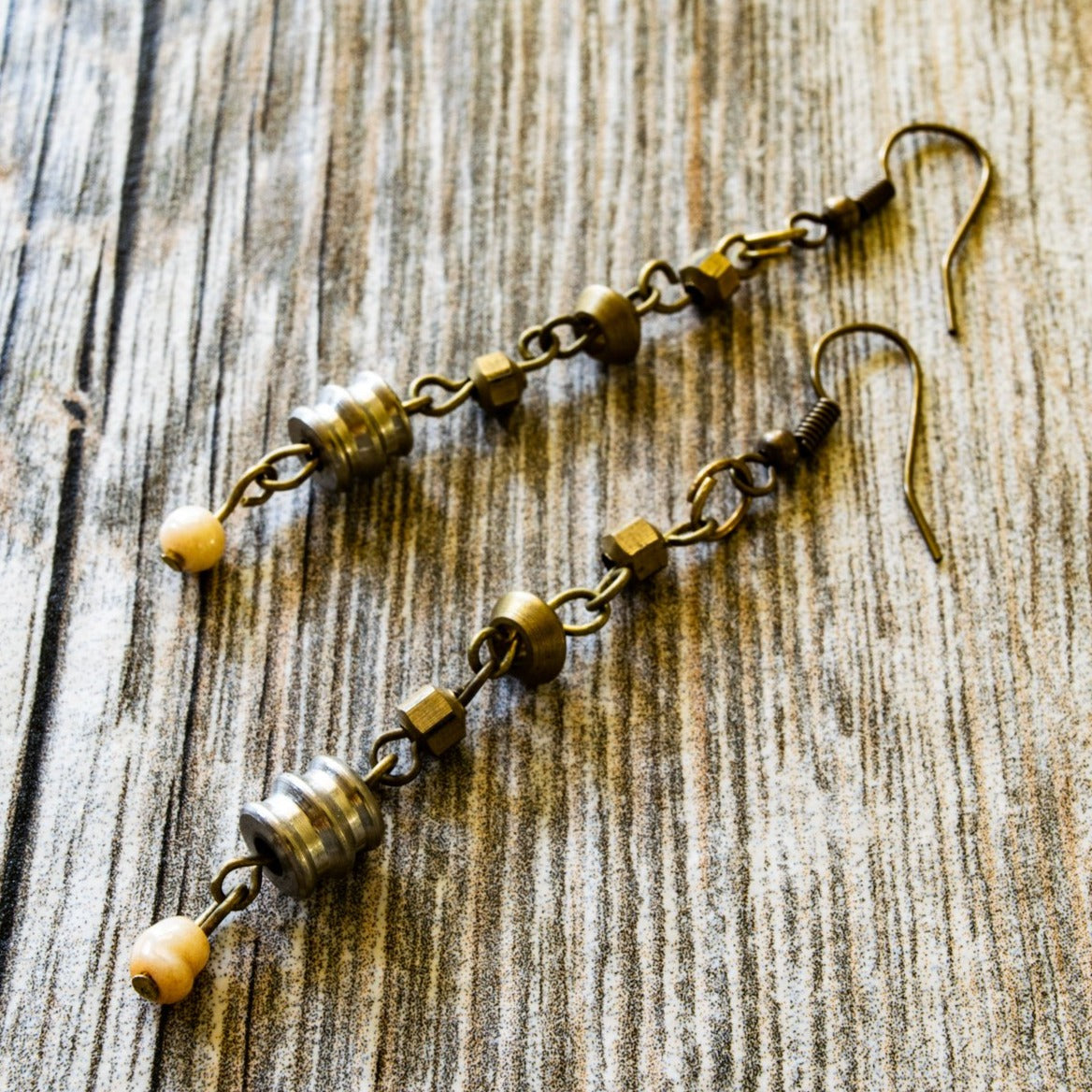 Fringe, Dangle Earrings with Brass, Silver and Glass Media