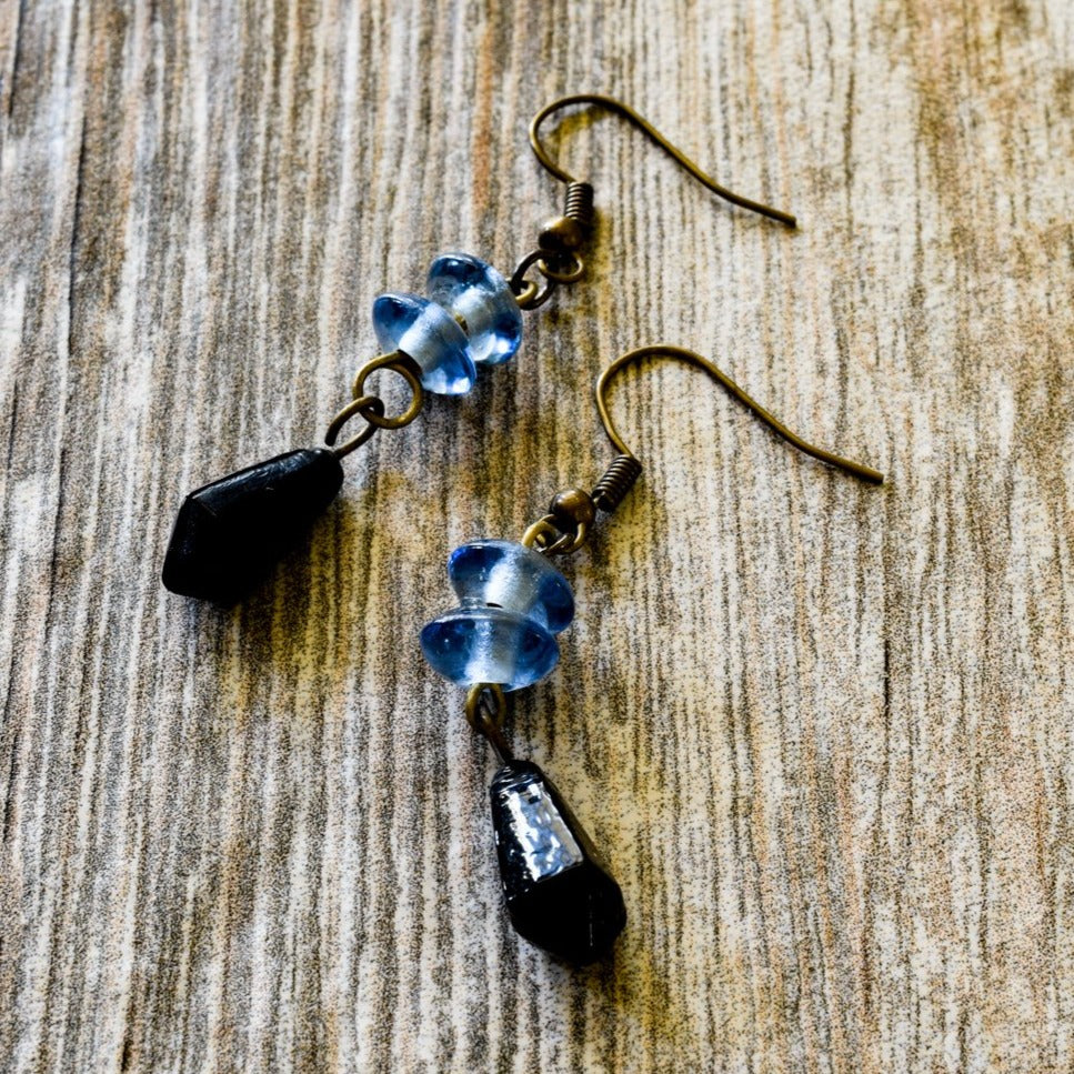 Fringe, Aged Brass Dangle Earrings with Handmade Light Blue and Jet Black Glass Beads