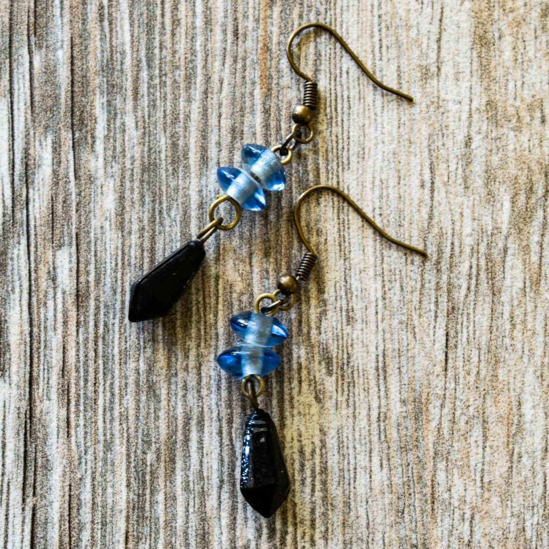 Fringe, Aged Brass Dangle Earrings with Handmade Light Blue and Jet Black Glass Beads