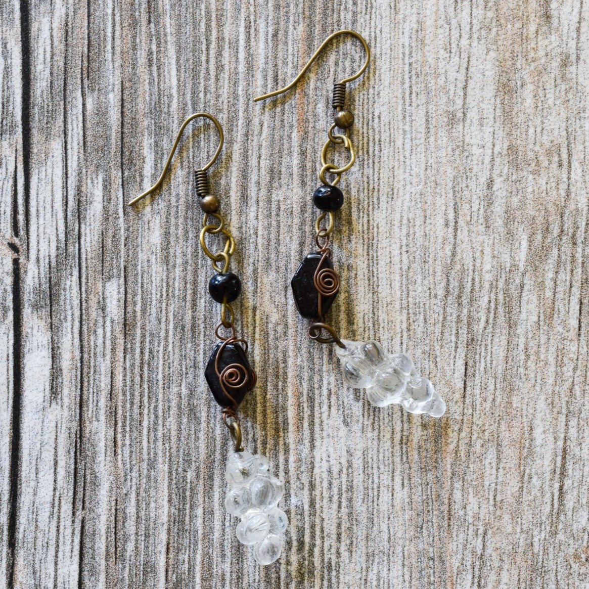 Fringe, Aged Brass Dangle Earrings with Handmade Clear and Black Glass Beads