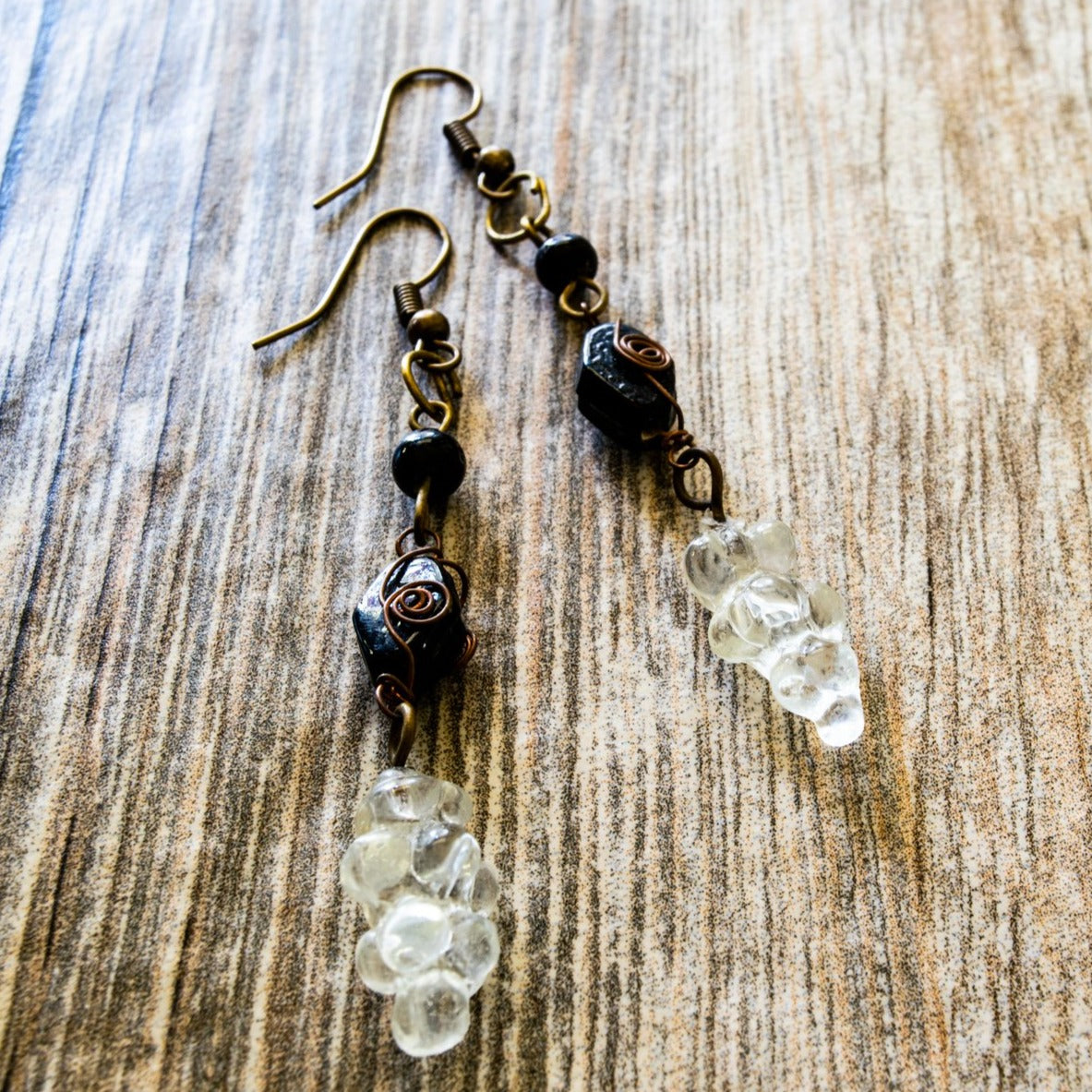 Fringe, Aged Brass Dangle Earrings with Handmade Clear and Black Glass Beads