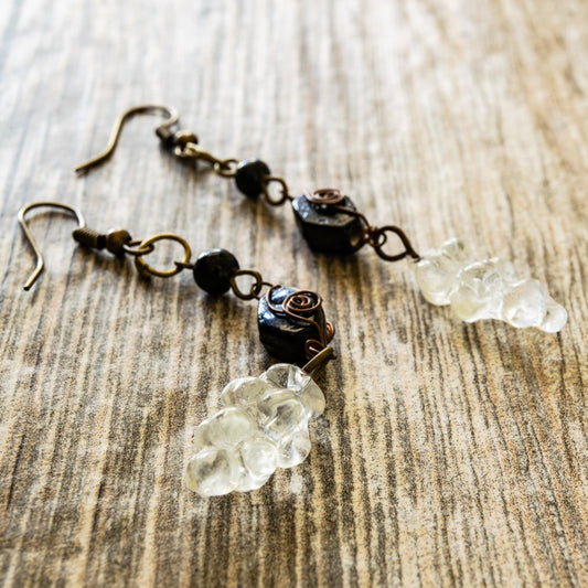 Fringe, Aged Brass Dangle Earrings with Handmade Clear and Black Glass Beads