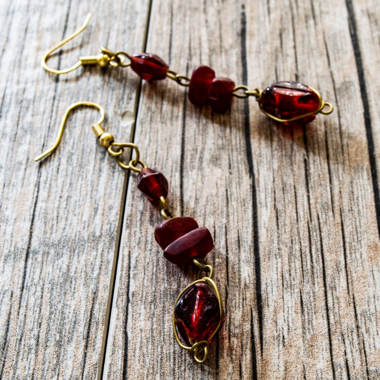 Fringe, Brass Dangle Earrings with Handmade Ruby Red Glass Beads