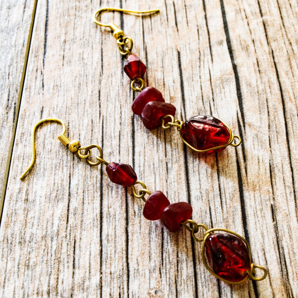 Fringe, Brass Dangle Earrings with Handmade Ruby Red Glass Beads