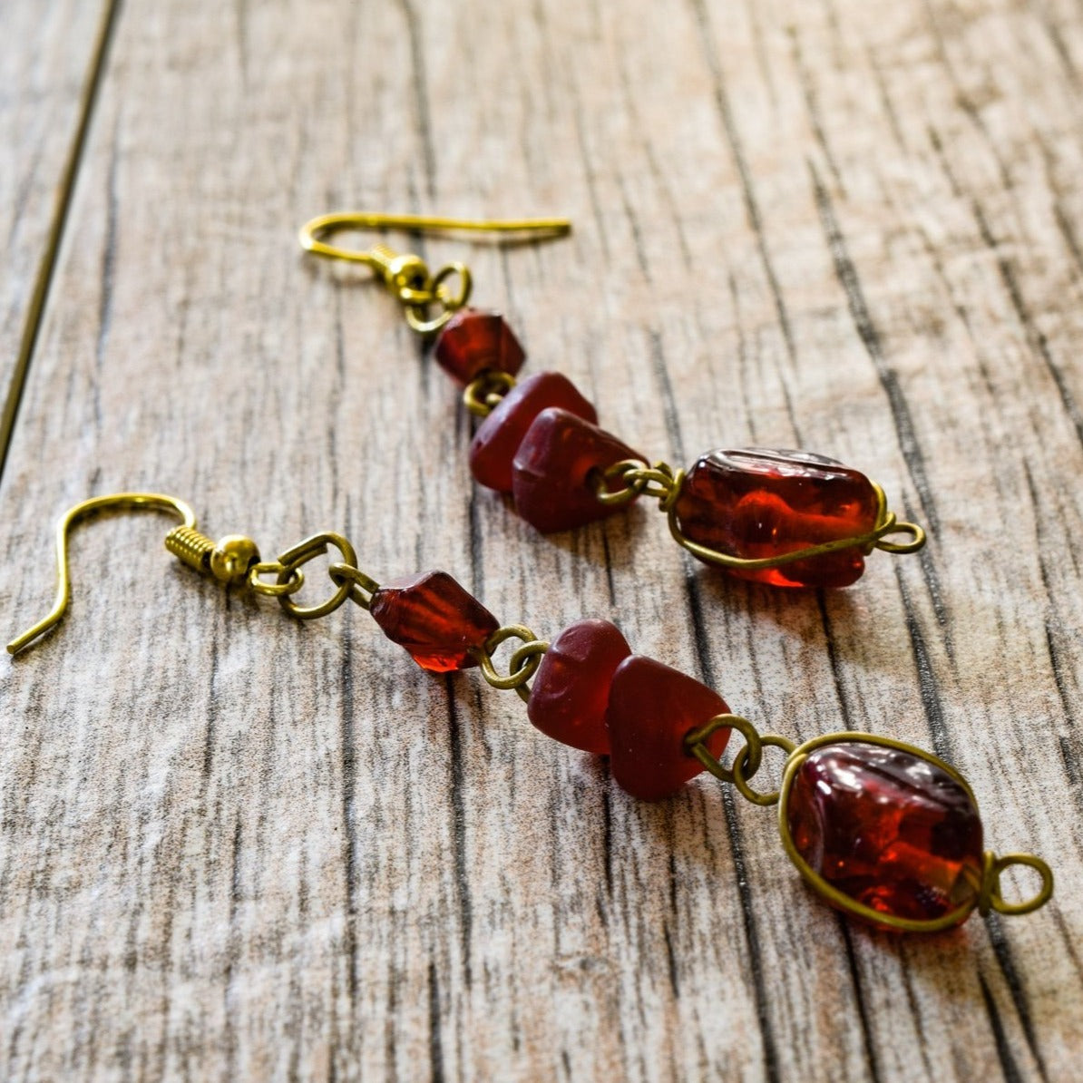 Fringe, Brass Dangle Earrings with Handmade Ruby Red Glass Beads