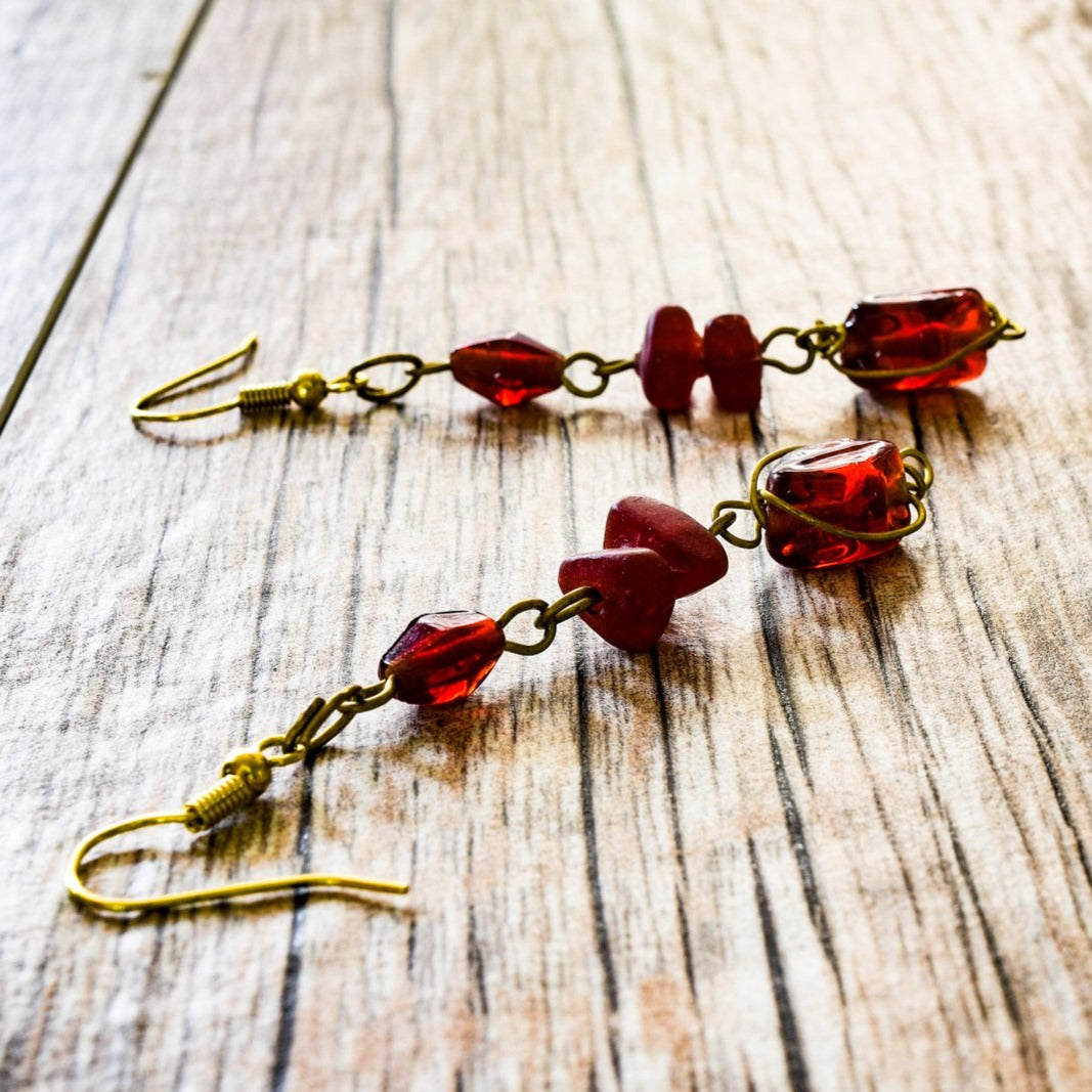 Fringe, Brass Dangle Earrings with Handmade Ruby Red Glass Beads