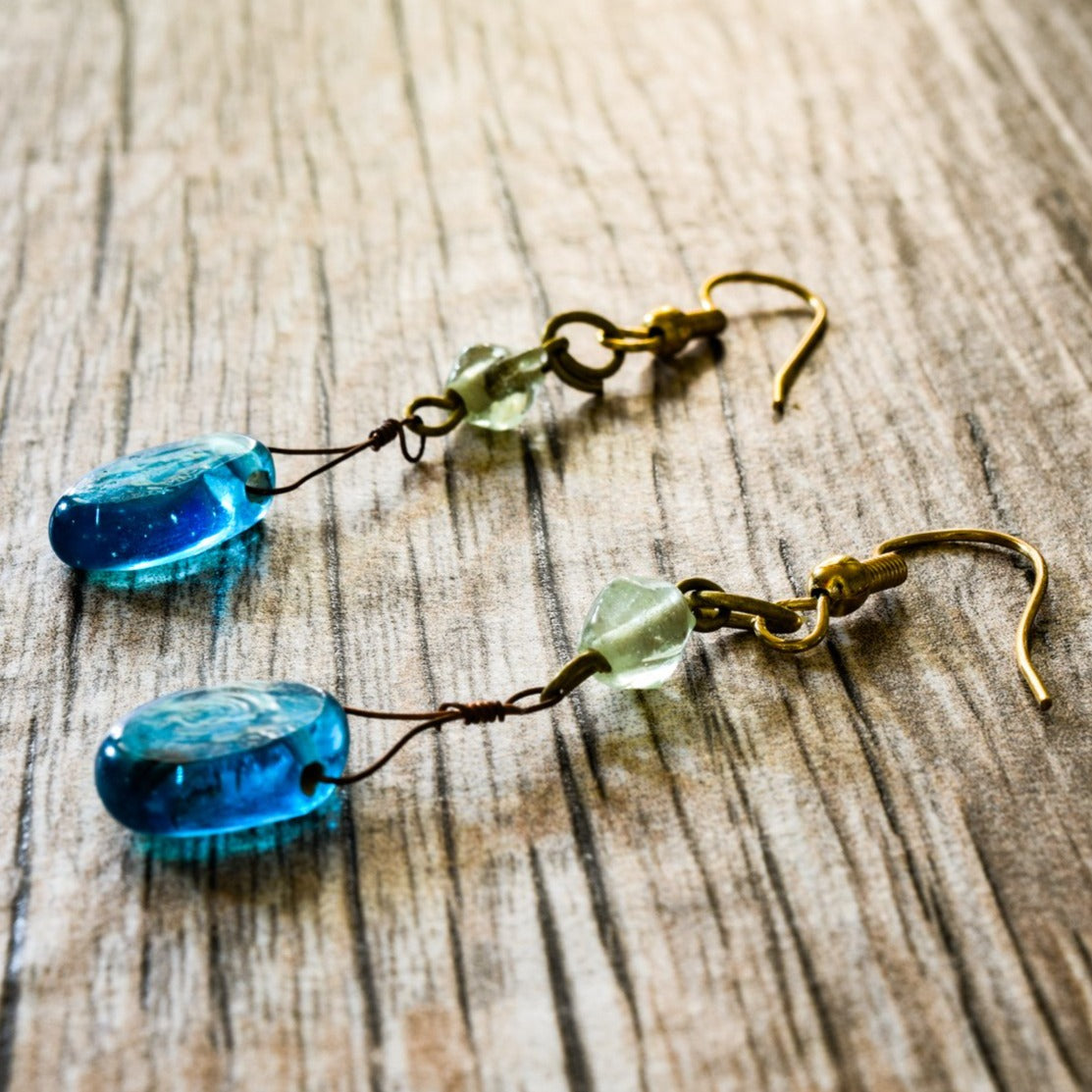 Fringe, Brass Dangle Earrings with Aquamarine Blue Glass Beads