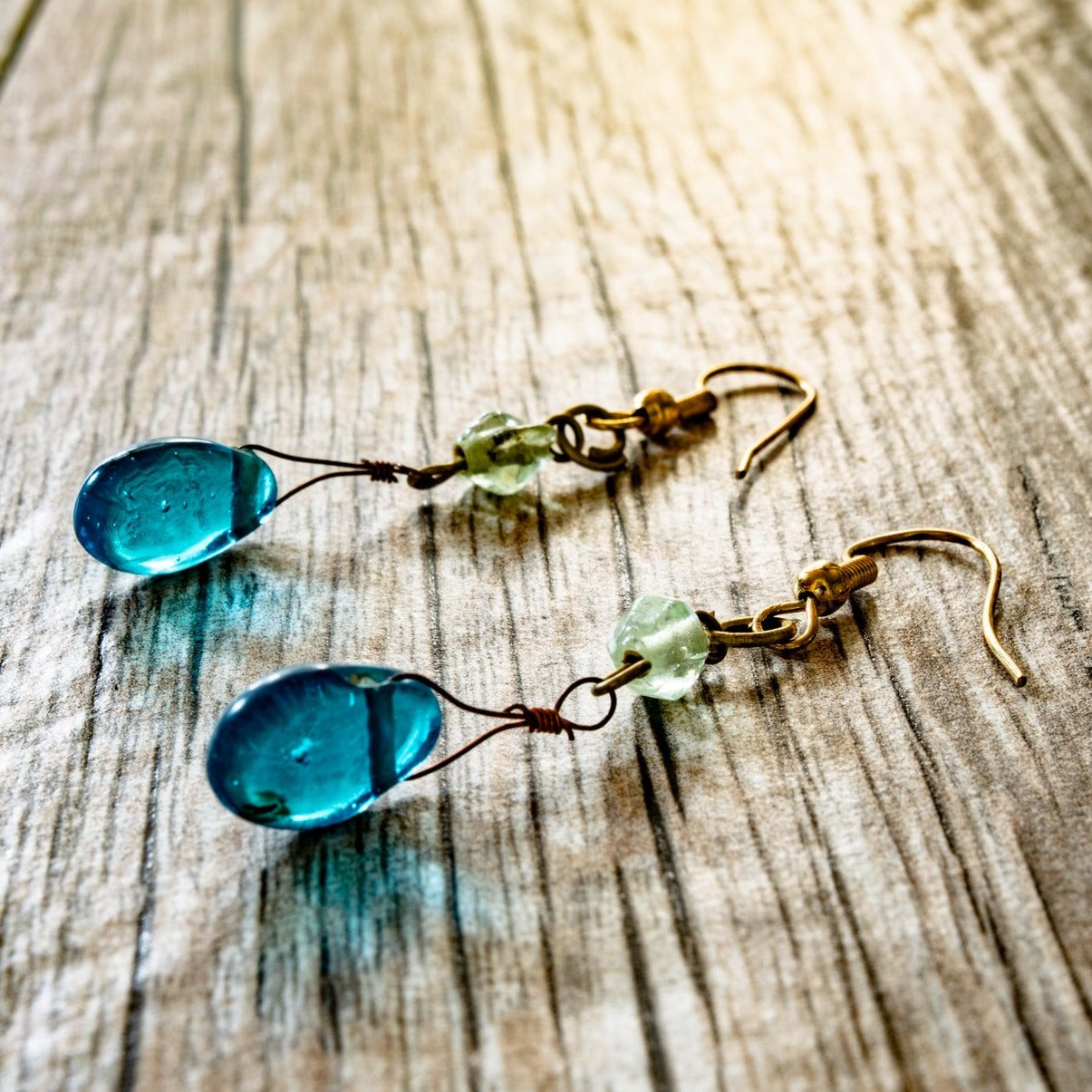 Fringe, Brass Dangle Earrings with Aquamarine Blue Glass Beads