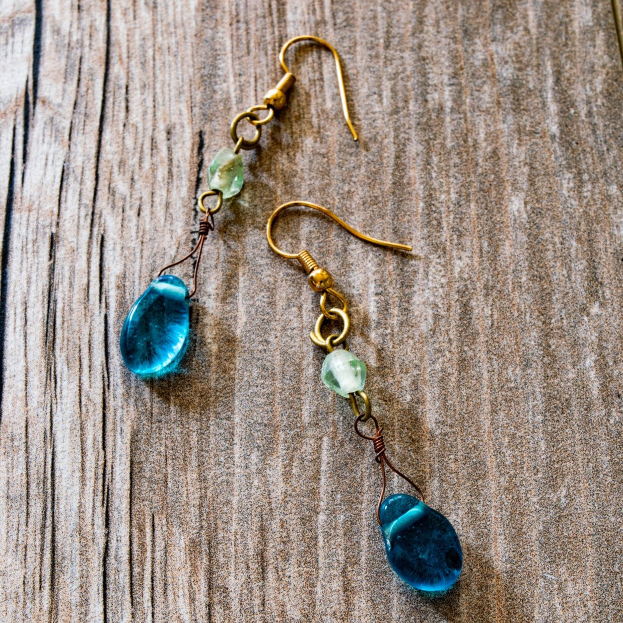 Fringe, Brass Dangle Earrings with Aquamarine Blue Glass Beads