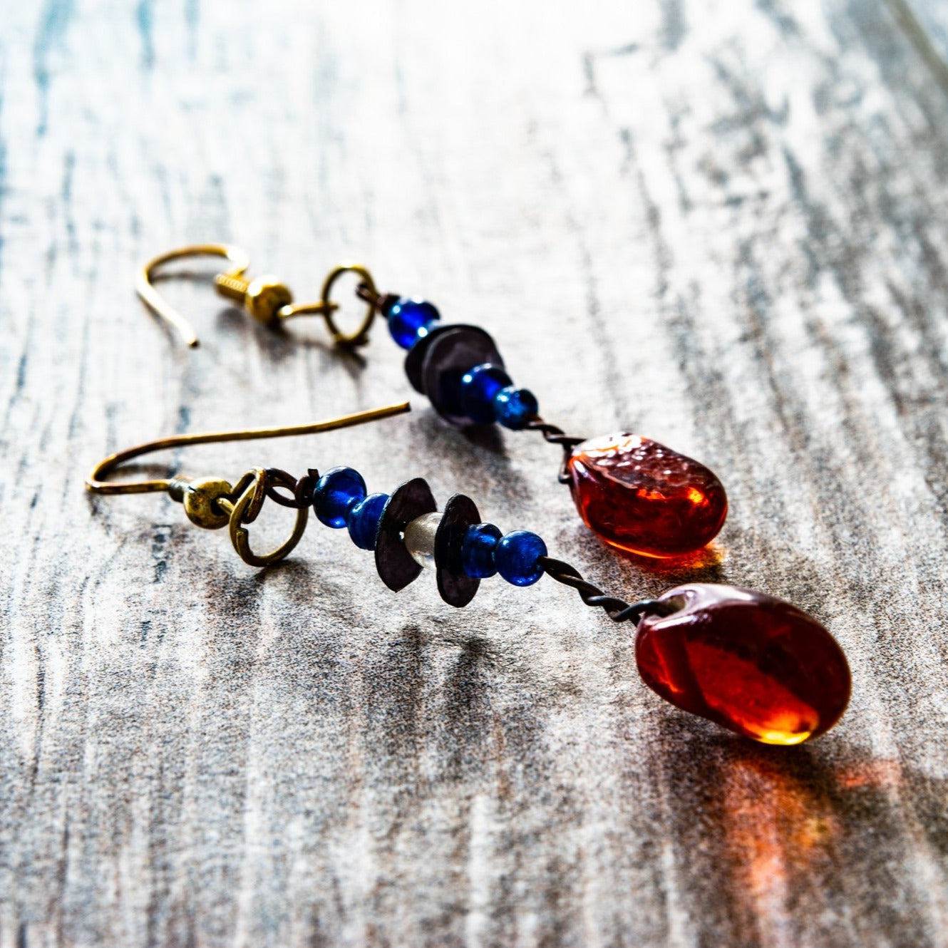 Fringe, Aged Brass Dangle Earrings with Handmade Orange and Blue Glass Beads