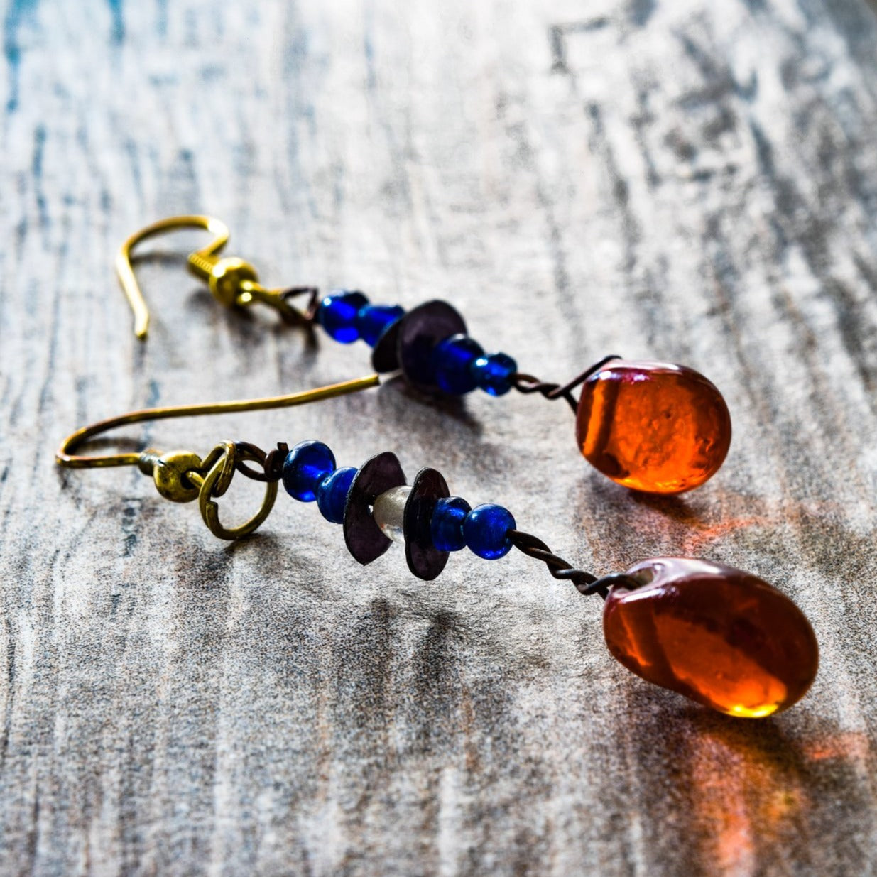 Fringe, Aged Brass Dangle Earrings with Handmade Orange and Blue Glass Beads