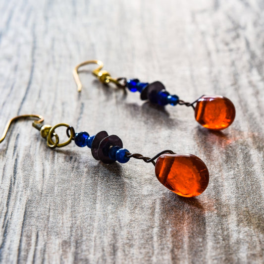 Fringe, Aged Brass Dangle Earrings with Handmade Orange and Blue Glass Beads