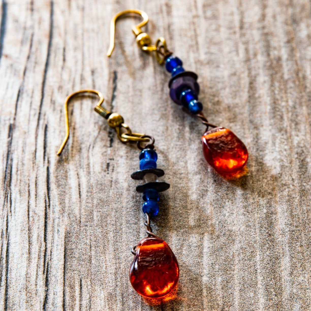 Fringe, Aged Brass Dangle Earrings with Handmade Orange and Blue Glass Beads