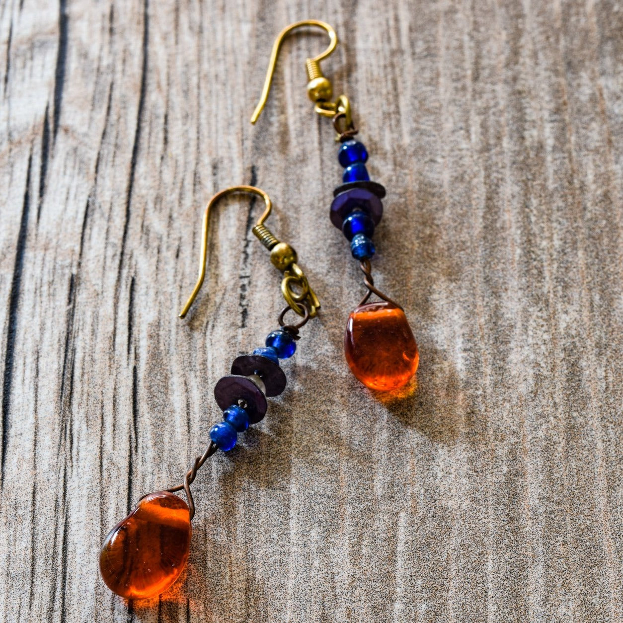 Fringe, Aged Brass Dangle Earrings with Handmade Orange and Blue Glass Beads