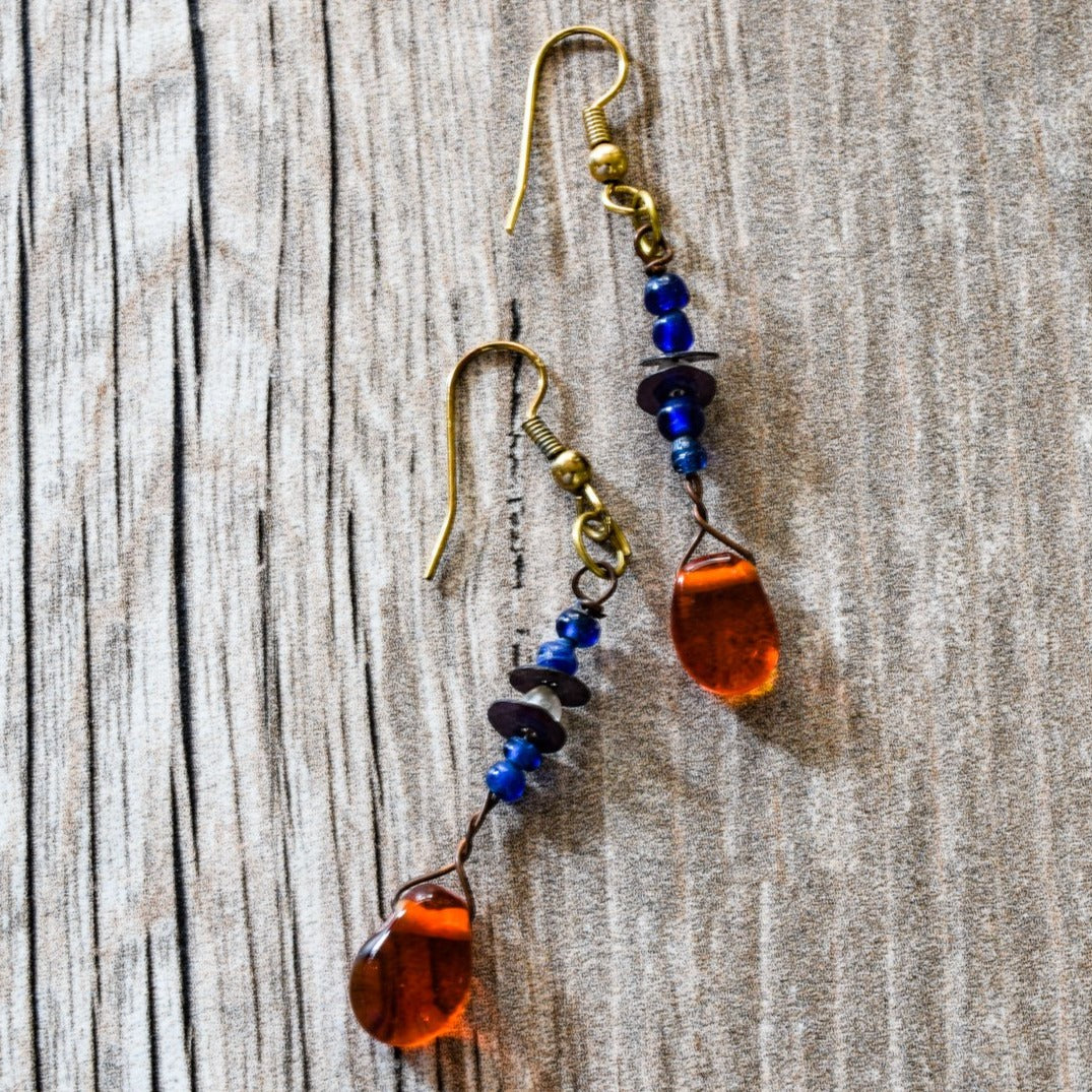 Fringe, Aged Brass Dangle Earrings with Handmade Orange and Blue Glass Beads