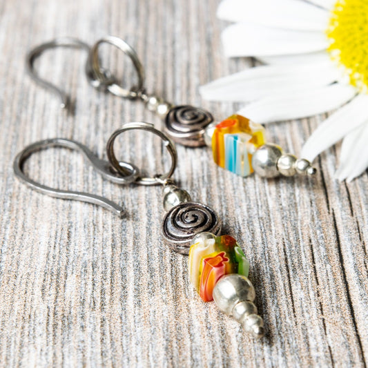 Zahra Colors, Silver Dangle Earrings with Yellow Orange Flower