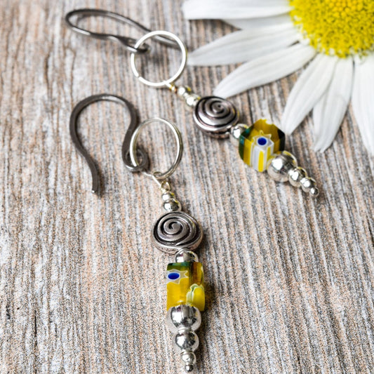 Zahra Colors, Silver Dangle Earrings with Silver Flowers