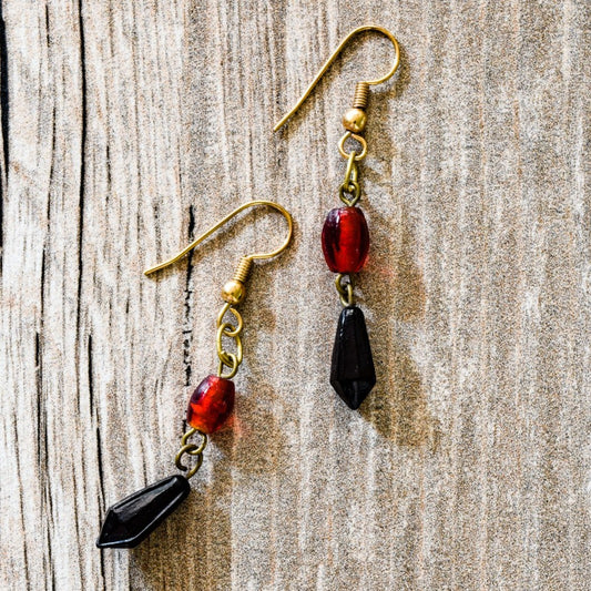 Fringe, Brass Dangle Earrings with Black and Ruby Red Glass