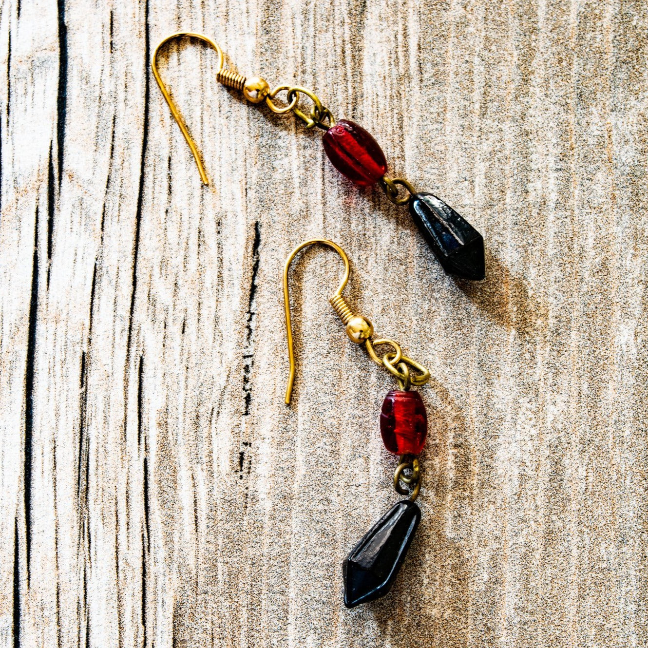 Fringe, Brass Dangle Earrings with Black and Ruby Red Glass