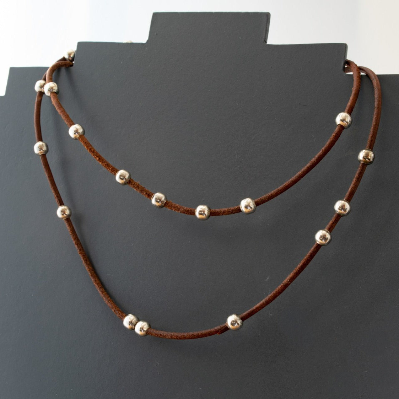 Beginnings, 18.5-inch light brown & Dark brown   Leather Necklace  with Silver Beads