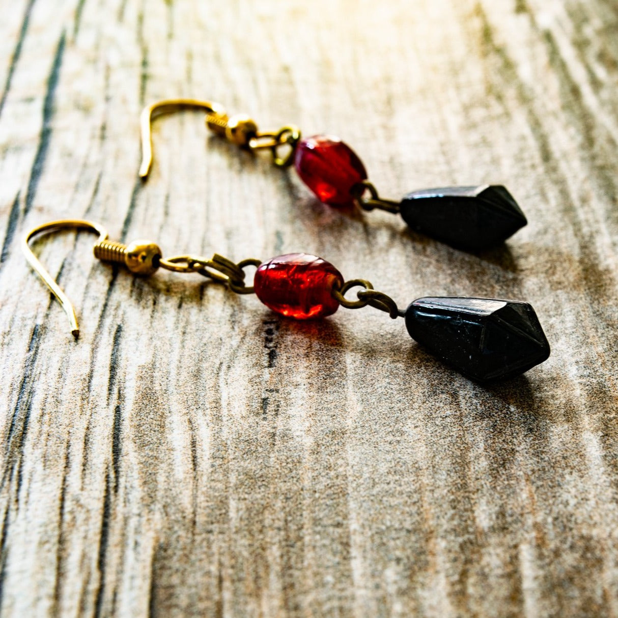 Fringe, Brass Dangle Earrings with Black and Ruby Red Glass