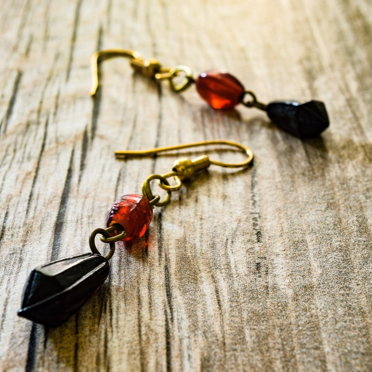 Fringe, Brass Dangle Earrings with Black and Ruby Red Glass