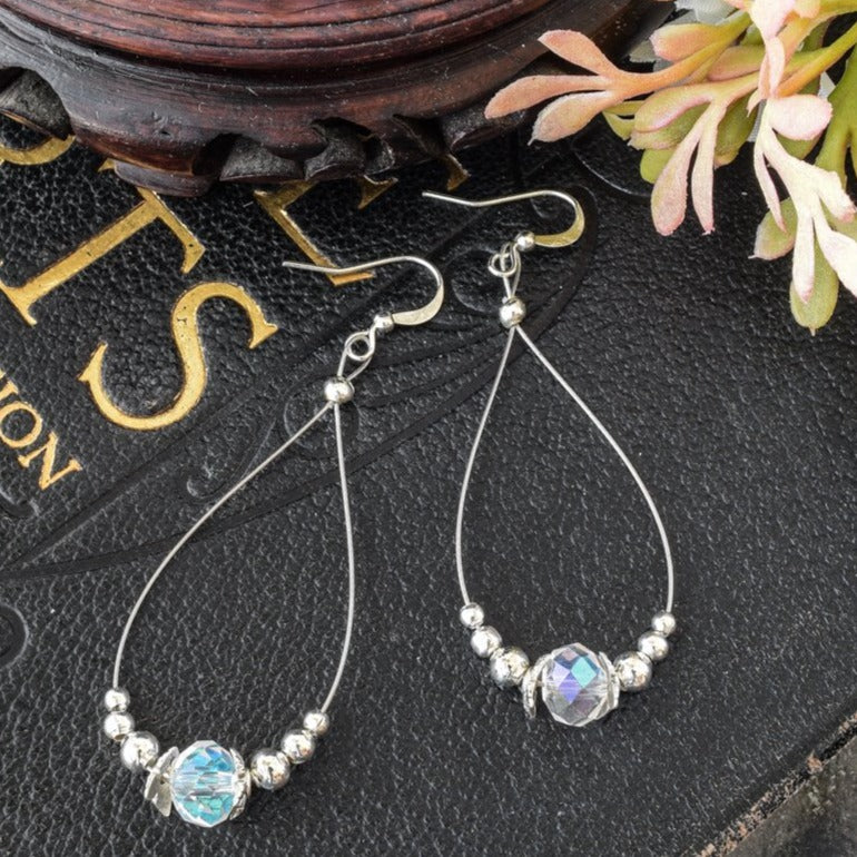 Basics, Steel Wire Teardrop and Faceted Crystal Earrings