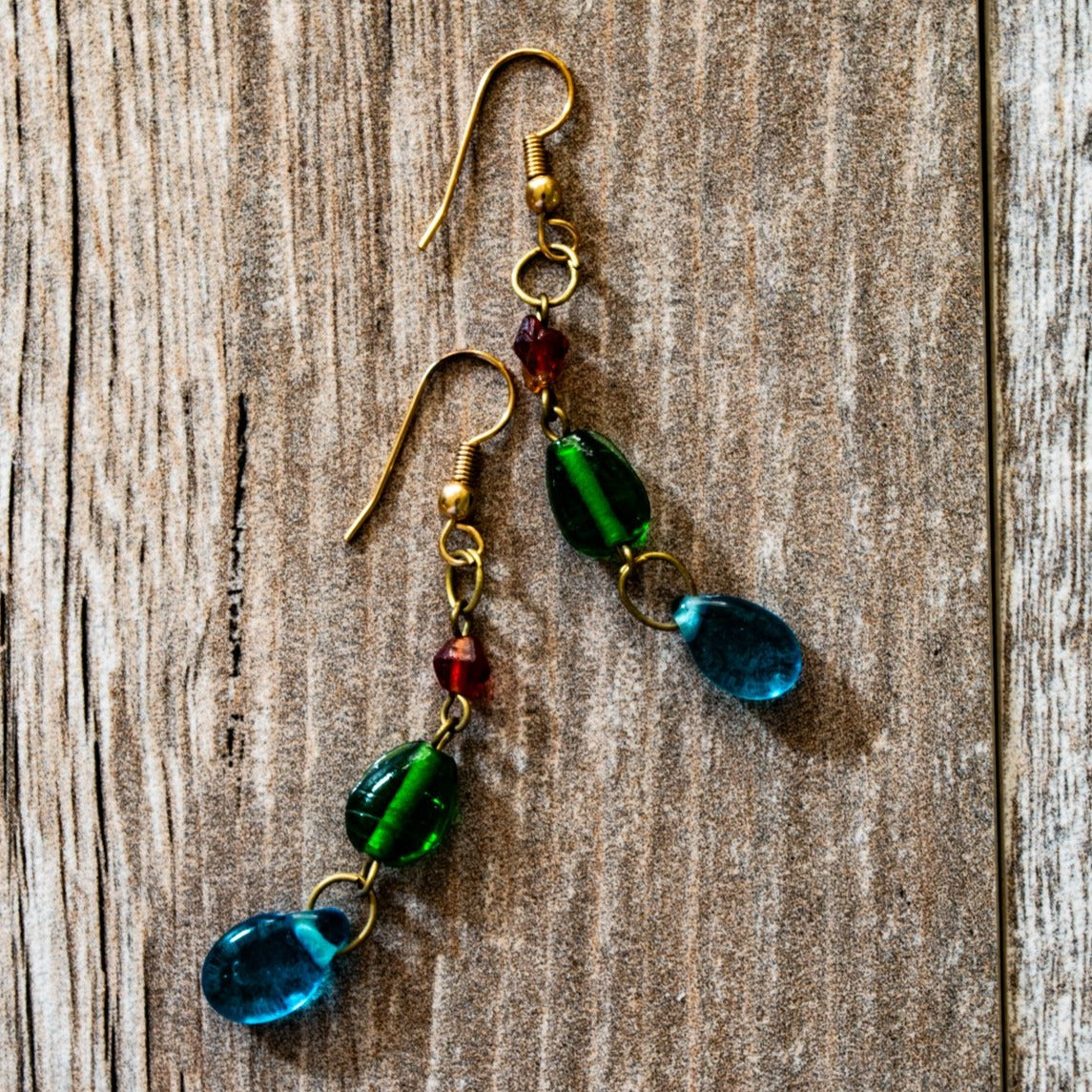 Fringe, Brass Dangle Earrings with Mixed Jewels