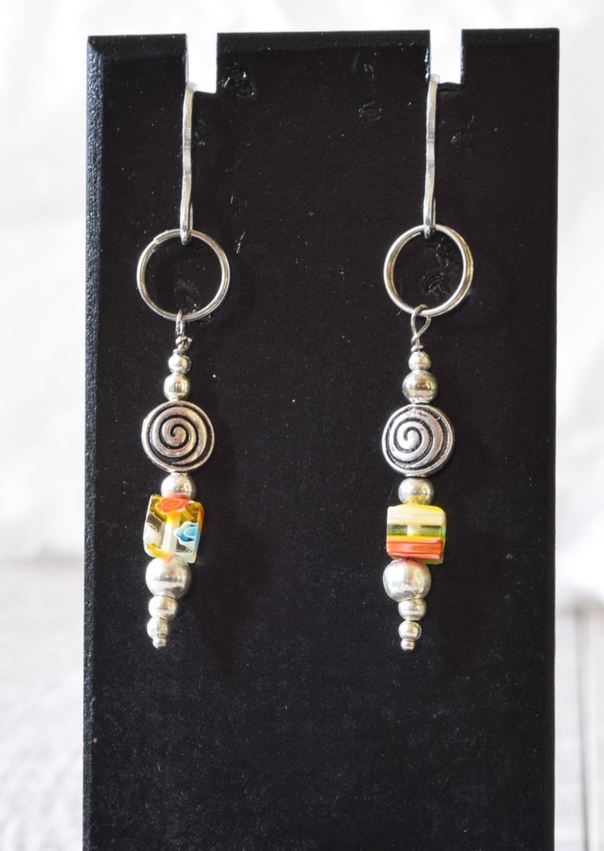 Zahra Colors, Silver Dangle Earrings with Yellow Orange Flower